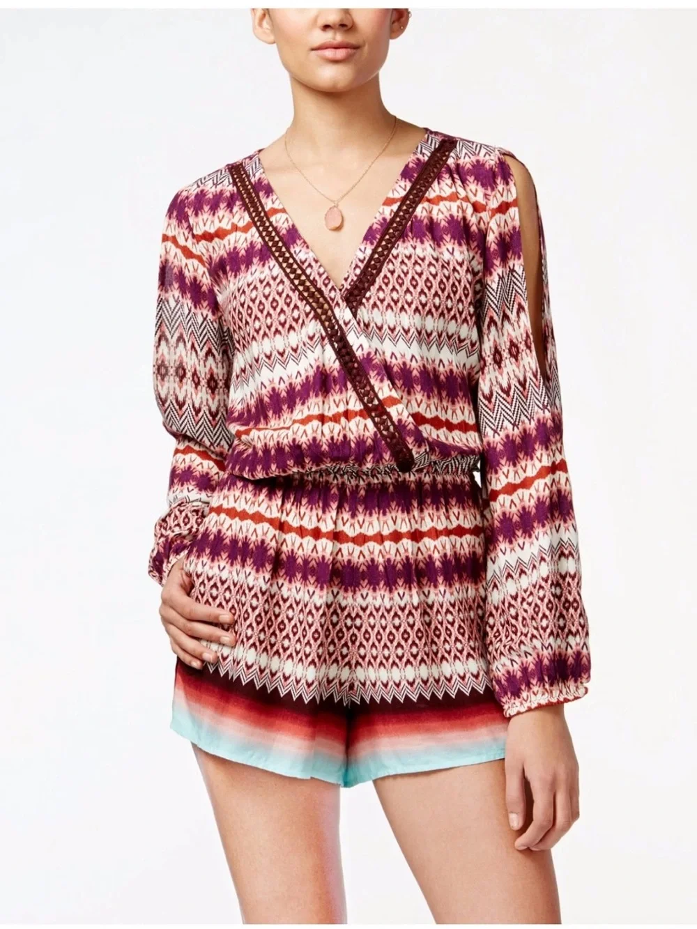 Jessica Simpson Multicolor Tribal-Print‎ Romper with Cutout Sleeves